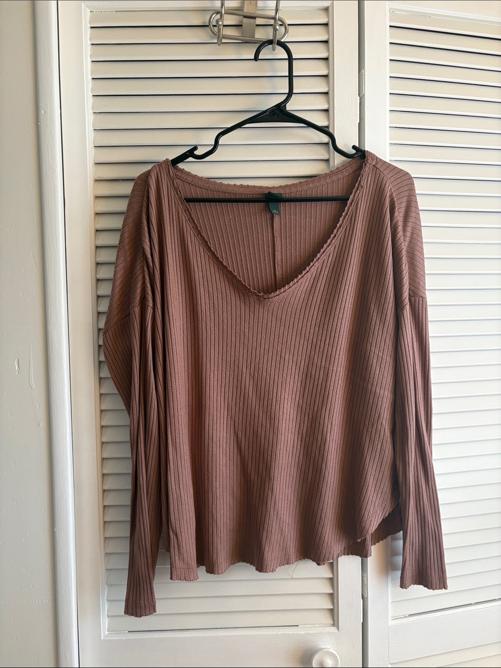 wild fable Ribbed V-Neck Long Sleeve Top - Dusty Rose